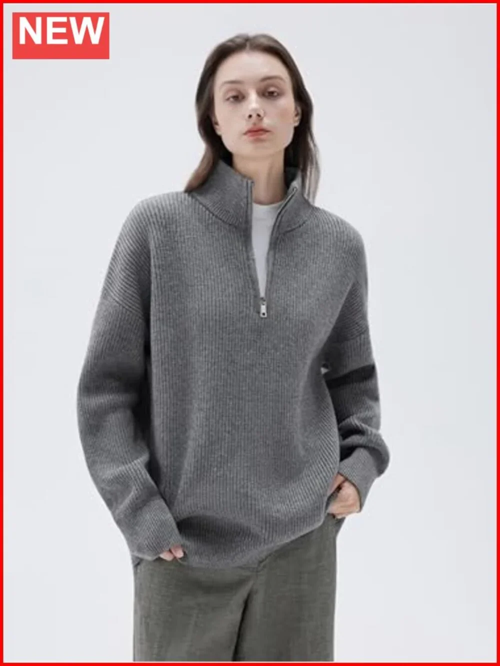 Cashmere Blend Oversized Quarter Zip Pullover Sweater Mock Neck Loose Fit Women